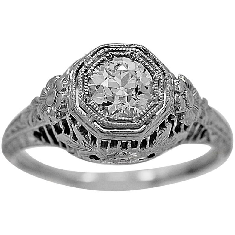 Art Deco .51 Carat Diamond Gold Engagement Ring 