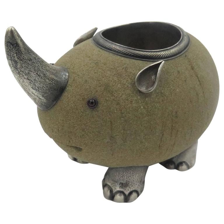 Faberge Rhinoceros Sandstone and Silver Match Holder