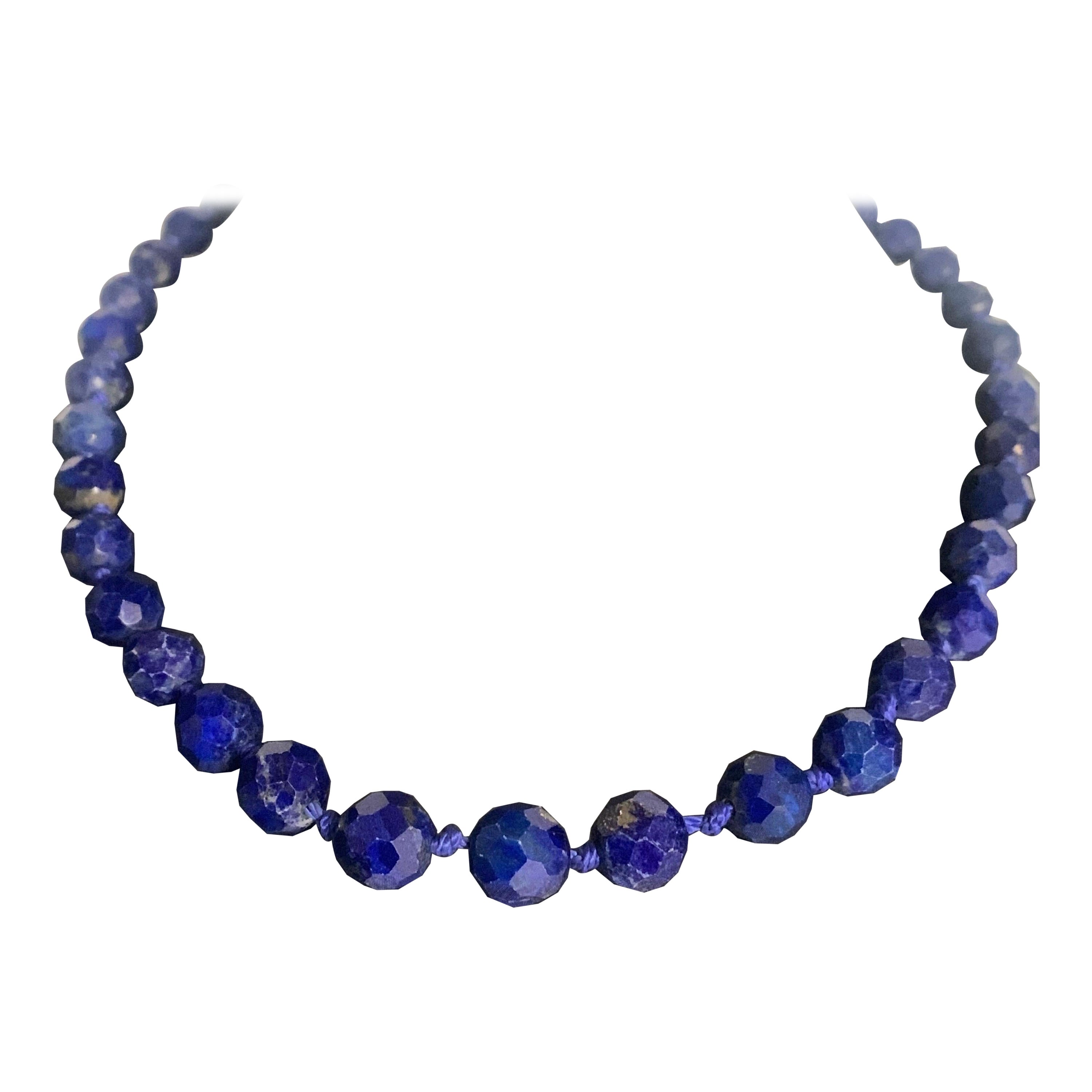 Lapis Lazuli Diamond Cut Strand Necklace with Yellow Gold Clasp For Sale