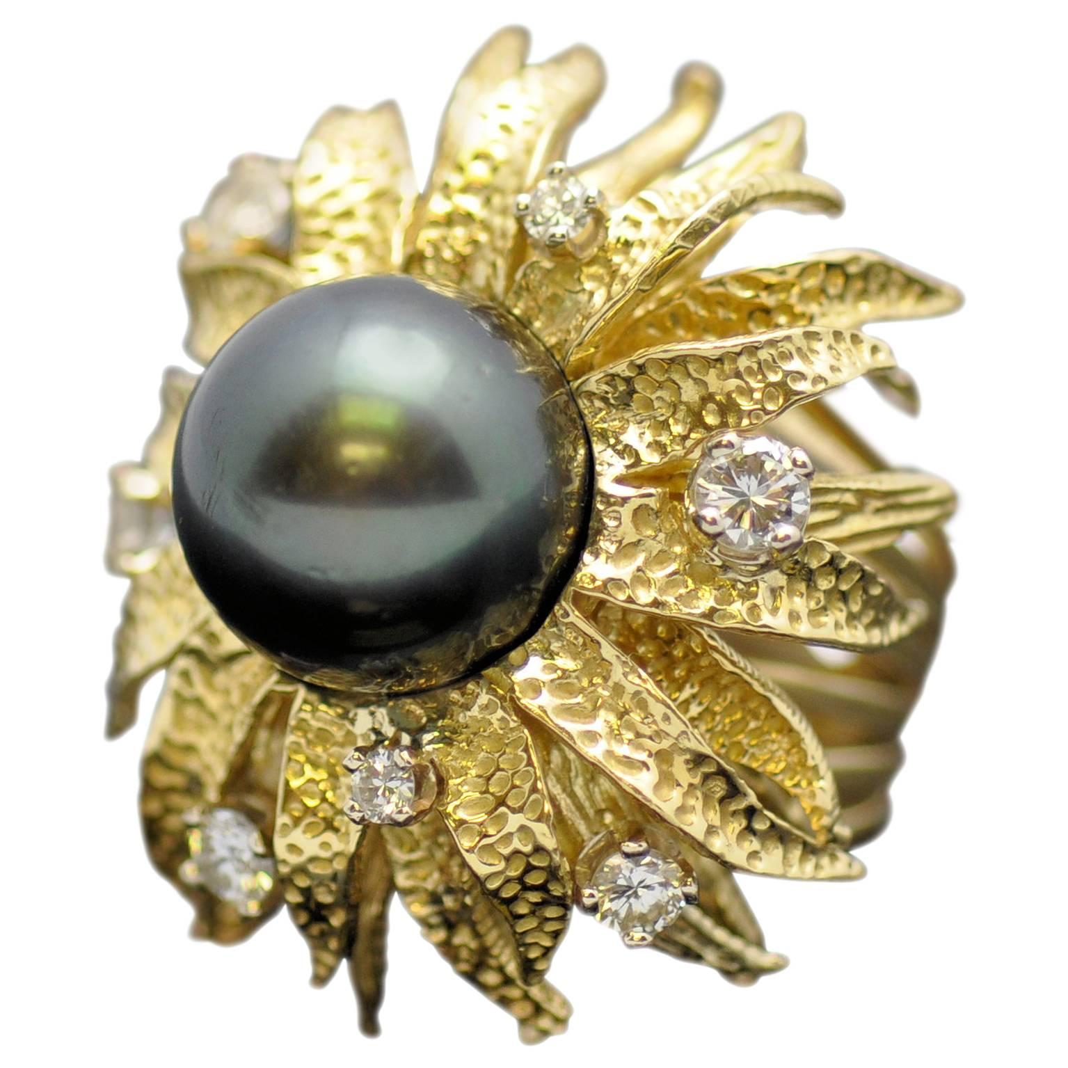 Tahitian Black South Sea Pearl Diamond Gold Ring For Sale