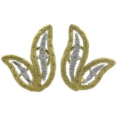 1990s Buccellati Diamond Gold Leaf Earrings