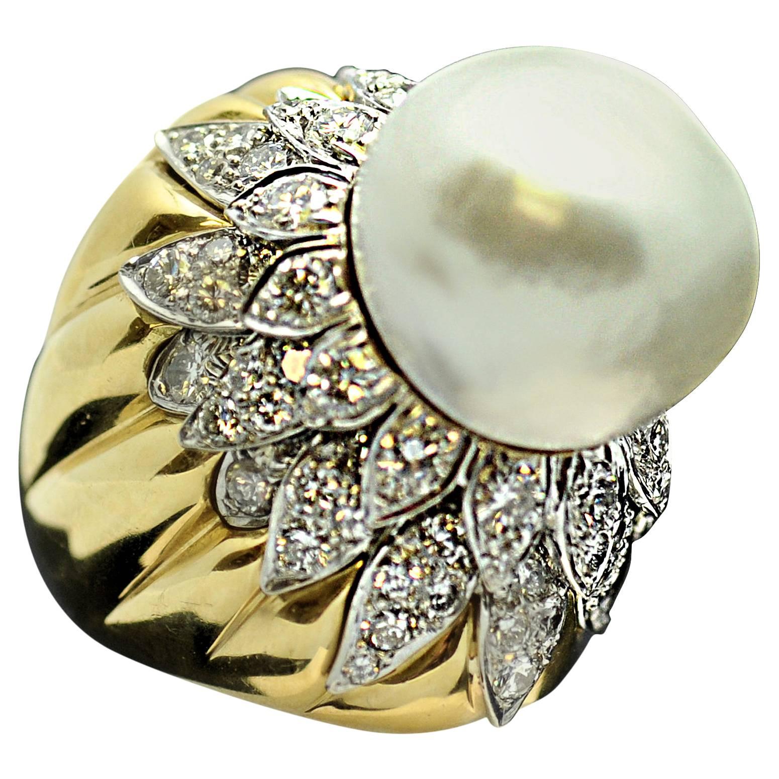 South Sea Pearl Diamond Gold Platinum Ring 