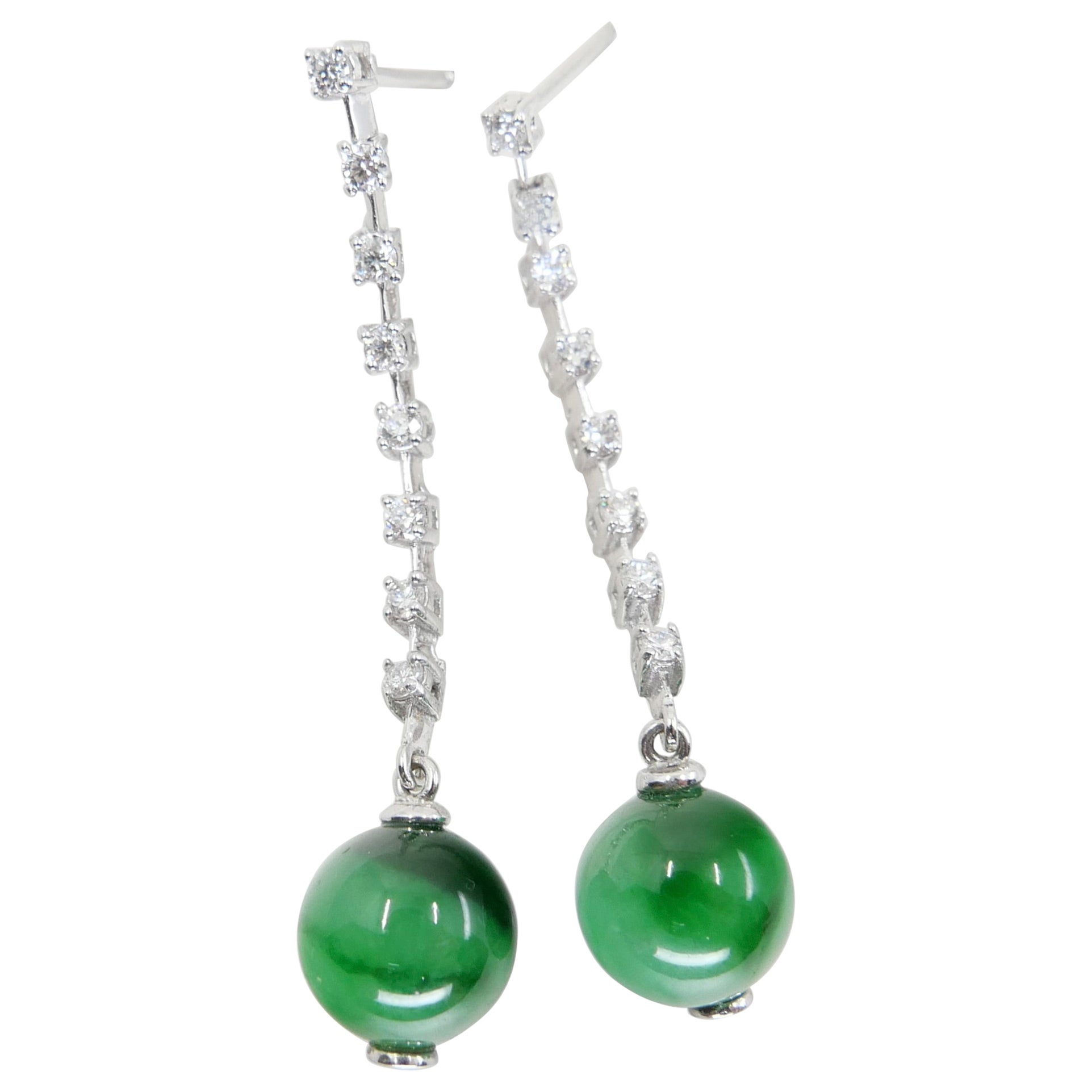 Certified Apple & Imperial Green Jade Beads & Diamond Drop Earrings, Super Glow For Sale