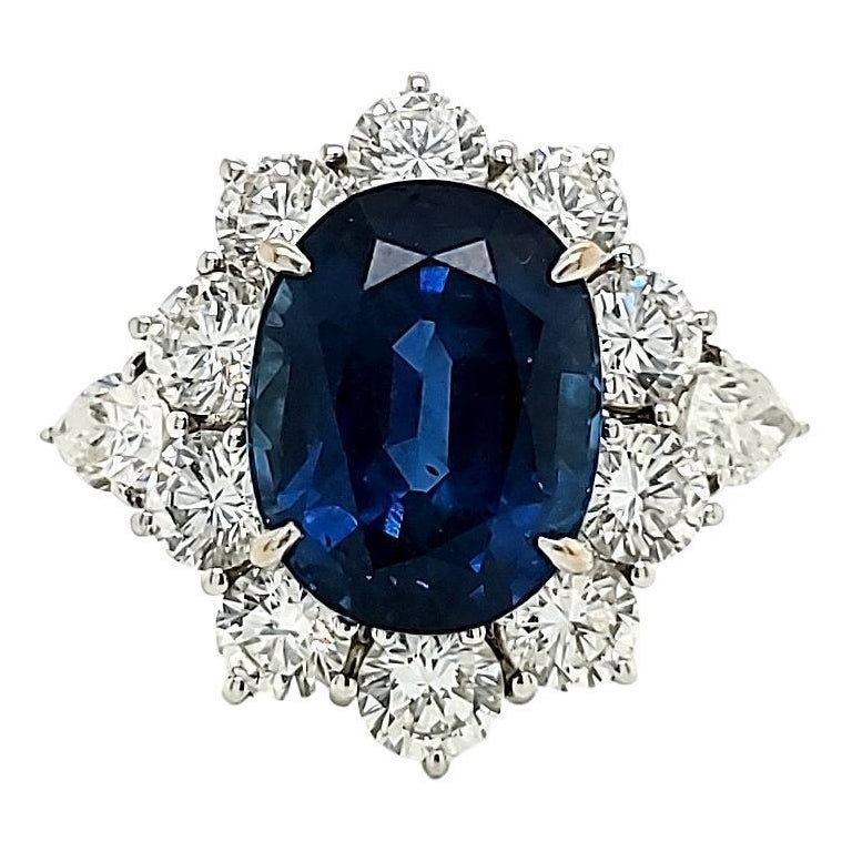 Blue Sapp Platinum Engagement Ring with Excellent Make Diamond Surround For Sale