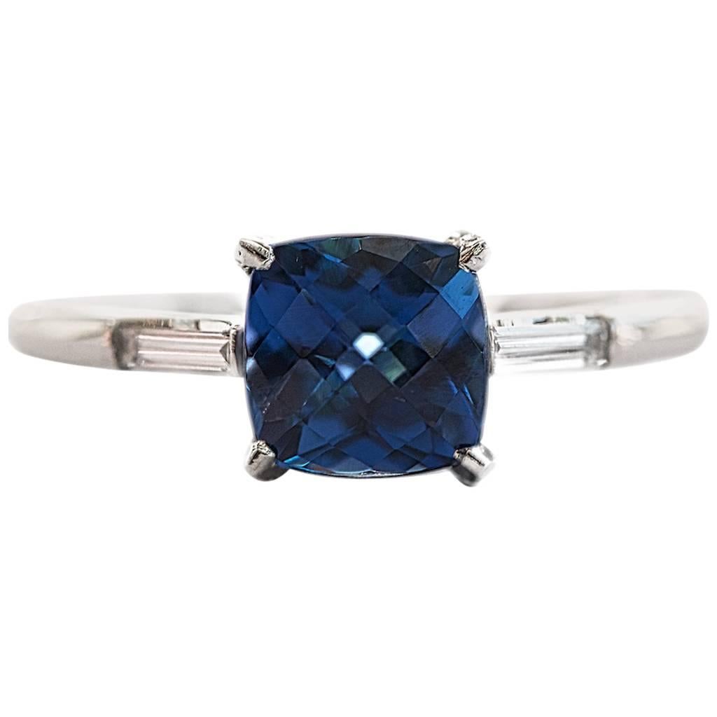Marisa Perry Cushion Cut Sapphire Diamond Three Stone Engagement Ring Platinum For Sale
