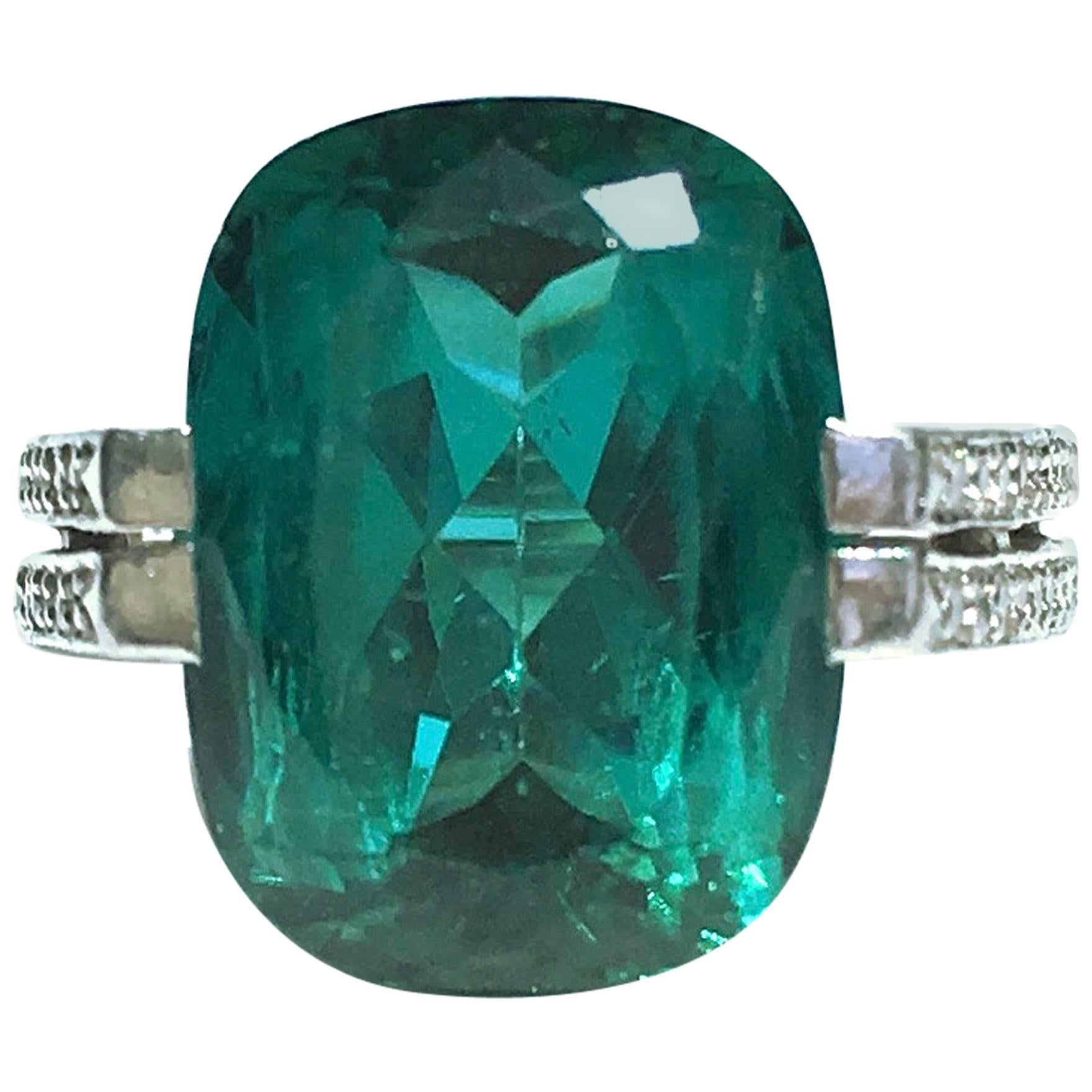 Tanagro Blue Green Tourmaline Diamond Platinum Ring For Sale