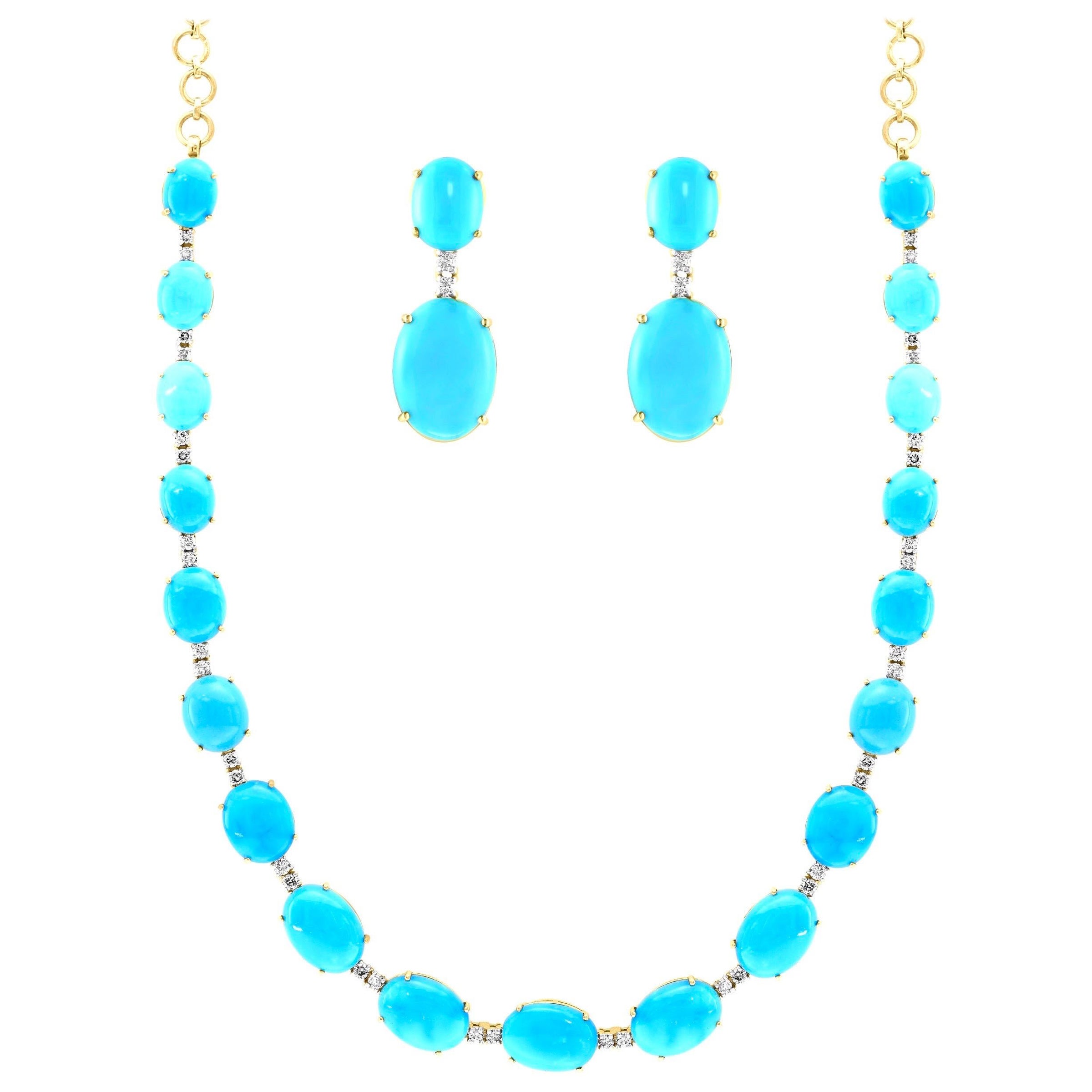 60ct Natural Sleeping Beauty Turquoise & Diamond Tennis Necklace & Earrings Set For Sale