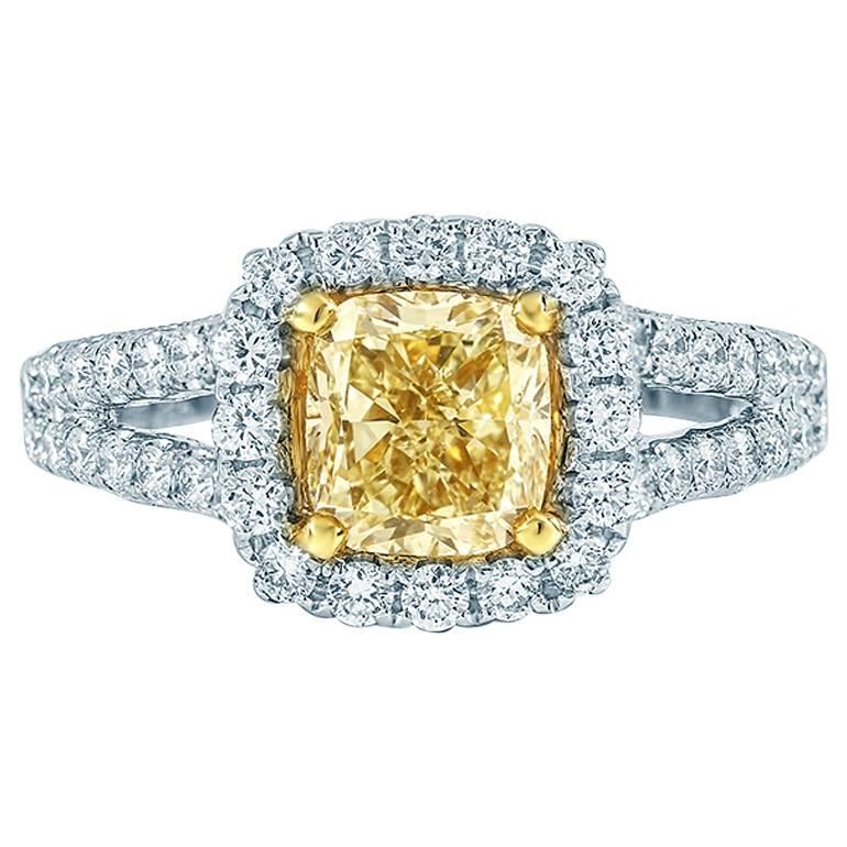 1.51 Carat EGL Cert Fancy Intense Yellow Diamond Pave Halo Engagement Ring For Sale