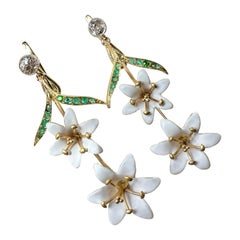 18k Emerald and Diamond Earrings with White Enamel Lillies, Antique Conversions