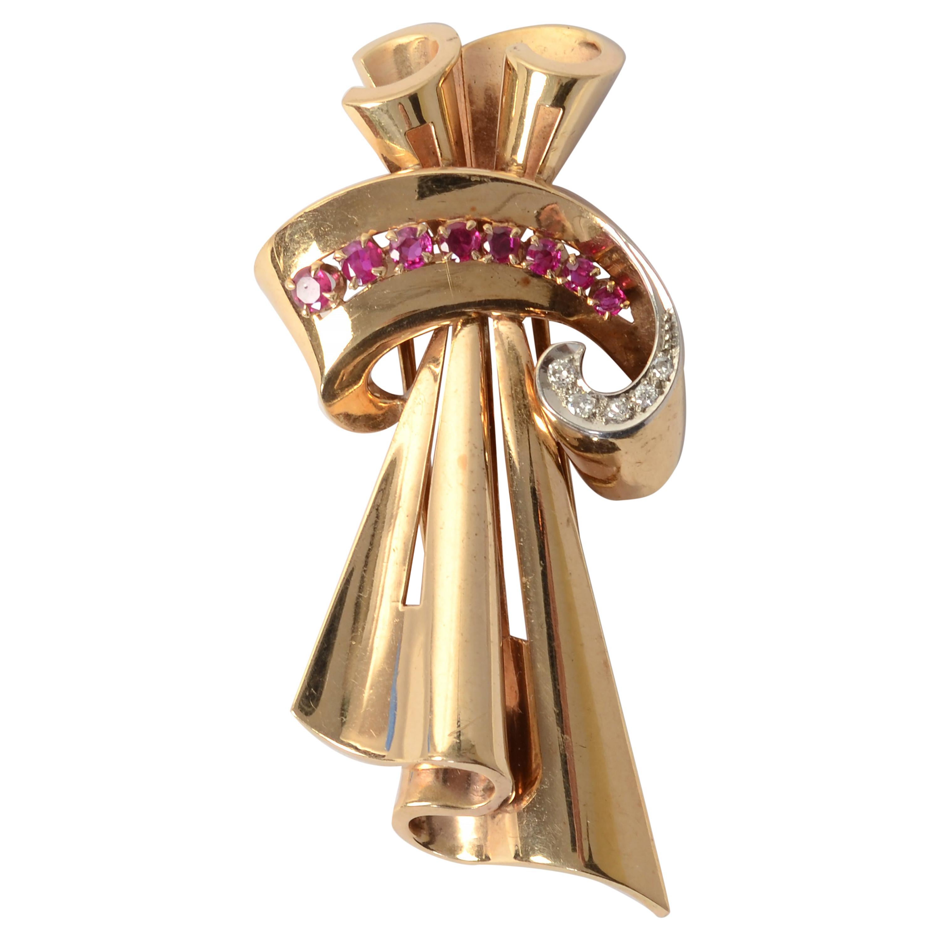 Tiffany & Co. Retro Brooch with Rubies and Diamonds For Sale