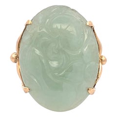 Large Oval Carved Cabochon Pale Green Jade Ring in 14k Yellow Gold