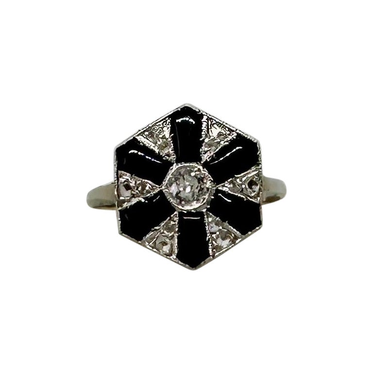 Art Deco Diamond Black Onyx Platinum Ring Old Mine Rose Cut Diamonds Antique