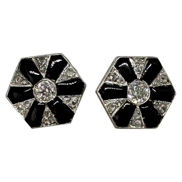 Art Deco Earrings Diamond Black Onyx Platinum Old Mine Rose Cut Diamonds Antique For Sale