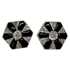 Art Deco Earrings Diamond Black Onyx Platinum Old Mine Rose Cut Diamonds Vintage