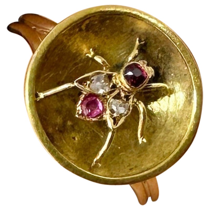 Rubí Zafiro Rosa Diamante Corte Rosa Anillo Mosca Abeja Insecto Antiguo Francés Oro en venta