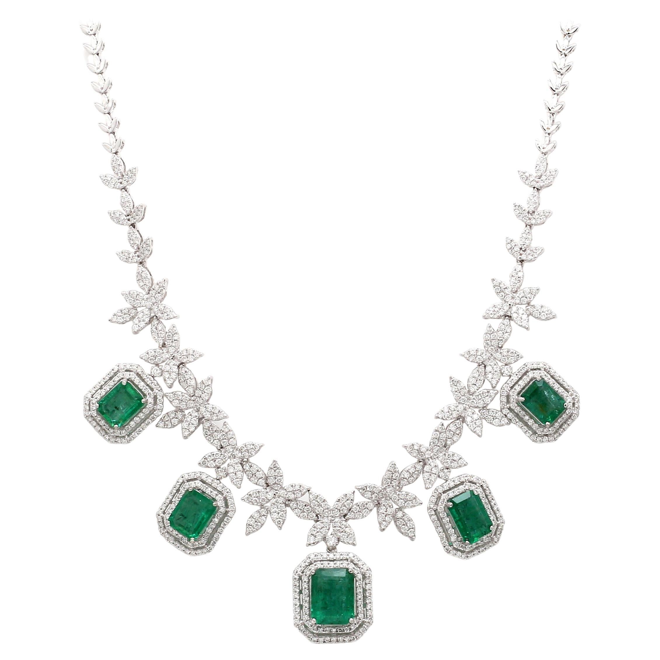 Zambian Emerald Gemstone Charm Multi Star Necklace Diamond 14 Karat White Gold