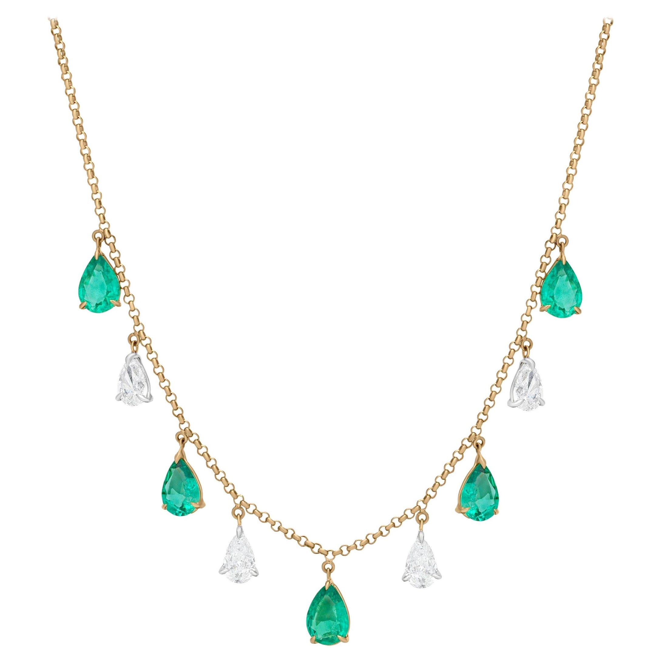 Nigaam 3.51cttw Pear-Shaped Emerald & Diamond Drop Necklace in 18k Yellow Gold