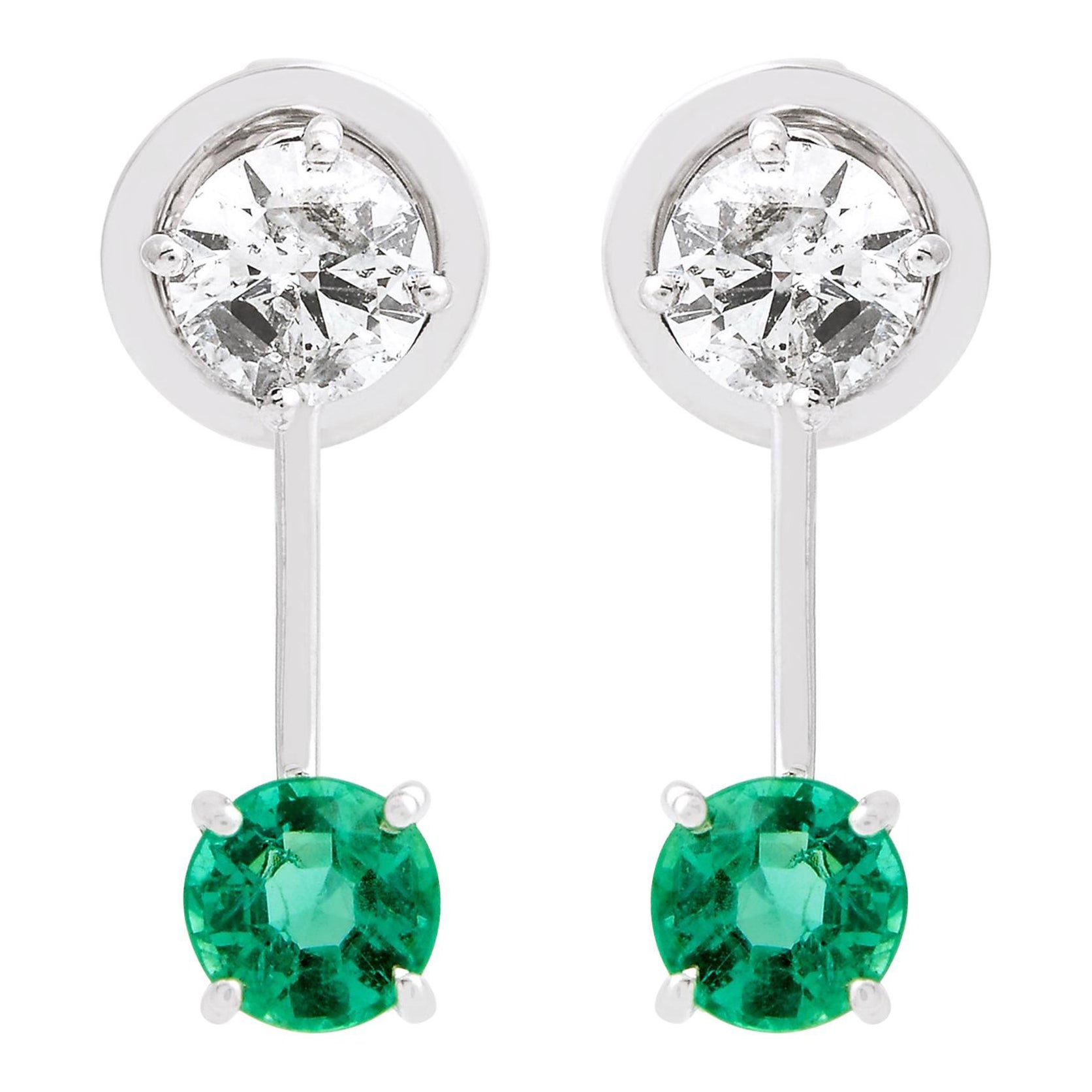 Real Emerald Jacket Earrings SI Clarity HI Color Diamond 14k White Gold Jewelry