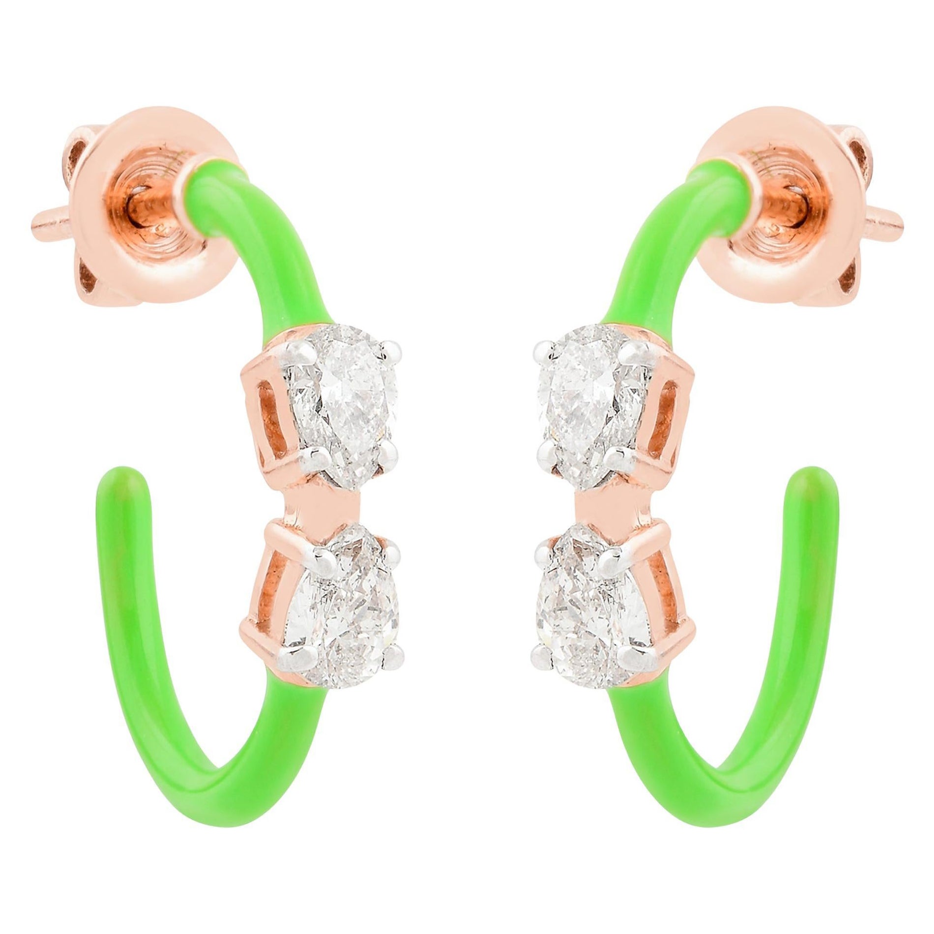 Natural 0.56ct. Pear Diamond Green Enamel Hoop Earrings 14k Rose Gold Jewelry For Sale