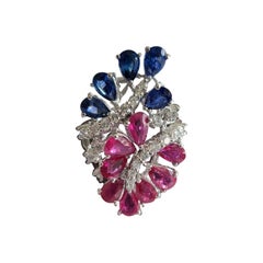 Set in 18k White Gold, 3.42 Carats, Ruby, Blue Sapphire & Diamonds Cocktail Ring