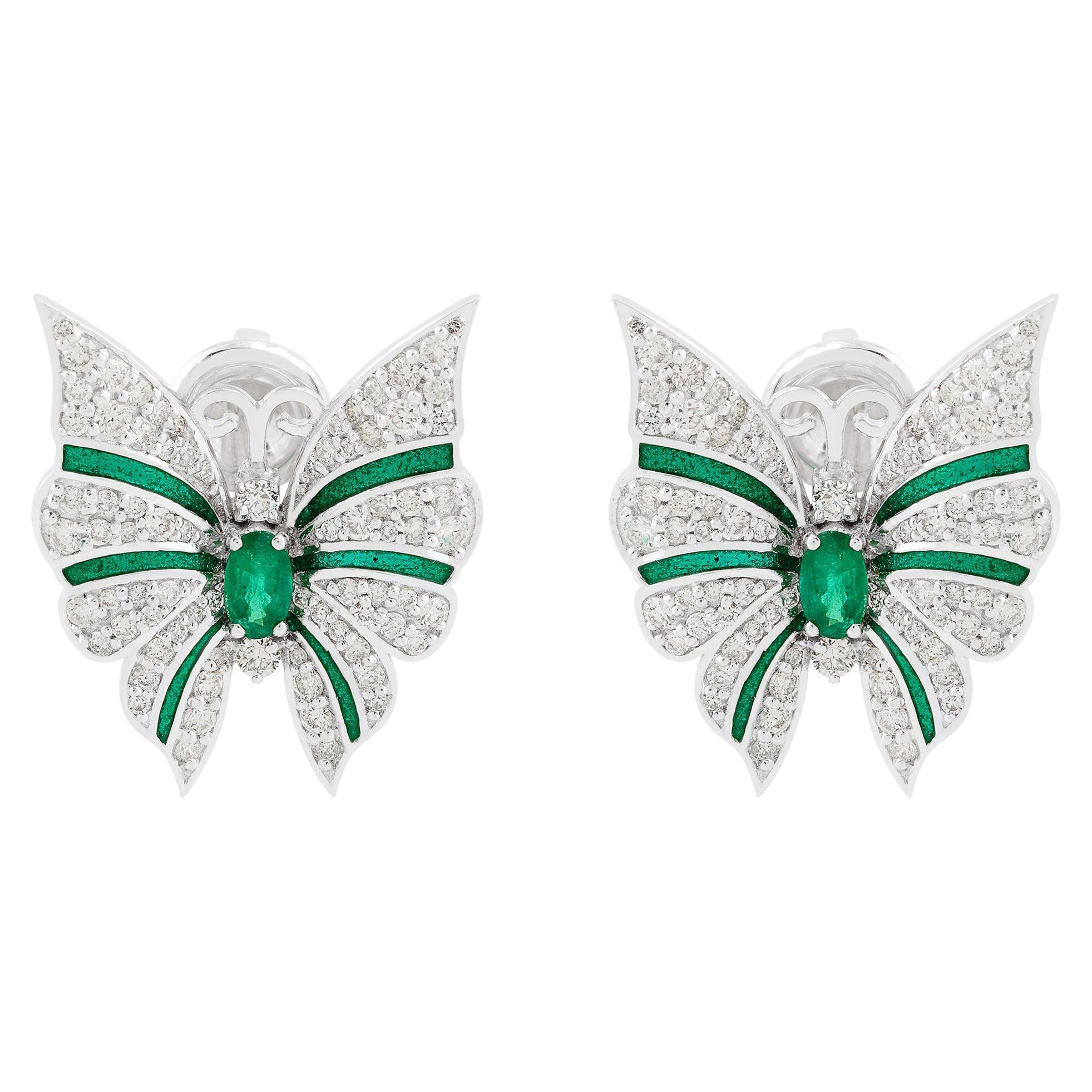 Natural Emerald Gemstone Butterfly Stud Earrings Diamond 14k White Gold Jewelry