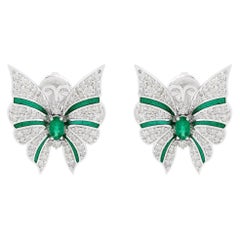 Natural Emerald Gemstone Butterfly Stud Earrings Diamond 14k White Gold Jewelry