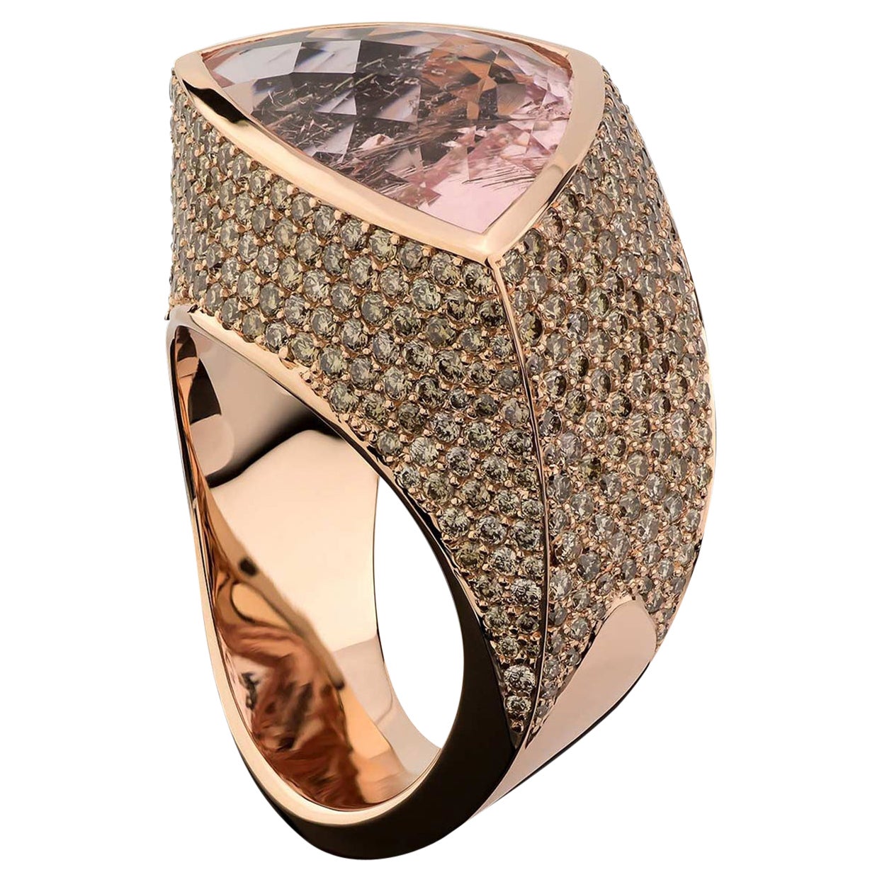 Morganite cocktail ring ca 10.37 ct, 18K rose gold, 419 hand set diamonds For Sale