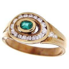 18 Karat Yellow Gold Retro Ring 0.41 Ct White Diamonds & Green Oval Emerald