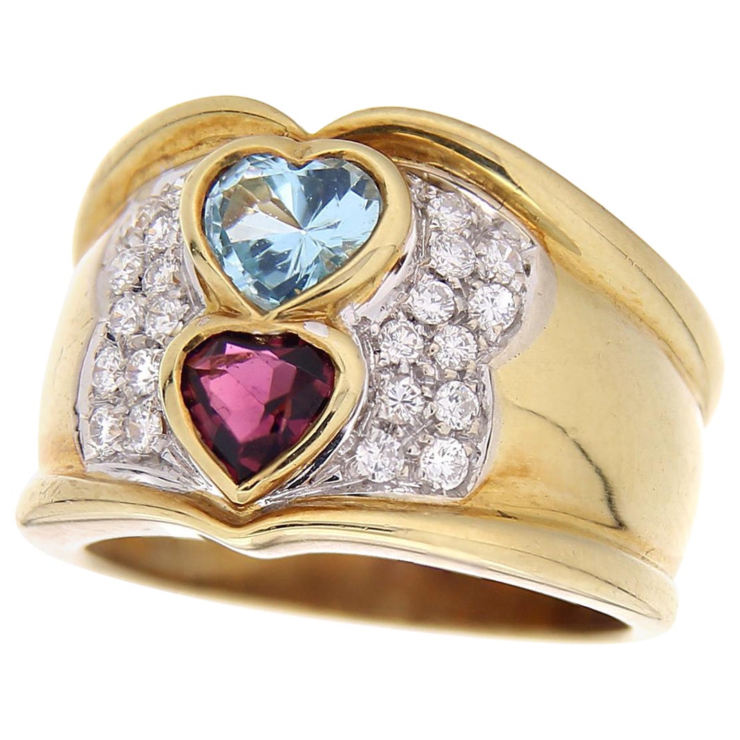 18 Karat Yellow Gold Vintage Ring Heart-Cut Tourmalines & White Diamonds  For Sale