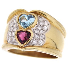 18 Karat Yellow Gold Retro Ring Heart-Cut Tourmalines & White Diamonds 