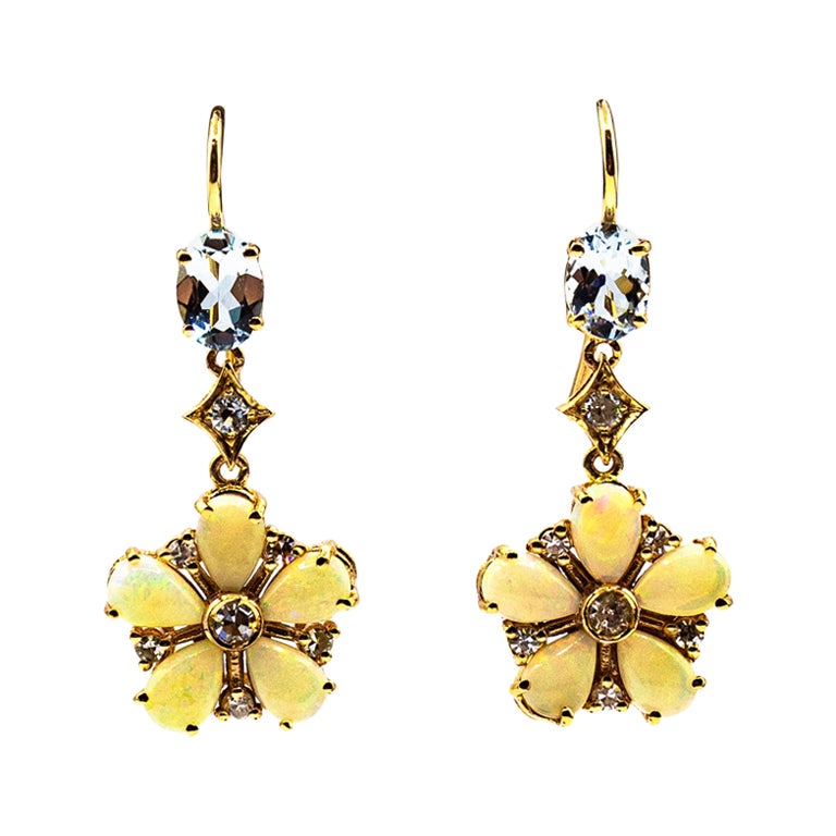 Boucles d'oreilles pendantes en or jaune, diamant blanc, opale, aigue-marine, style Art Nouveau
