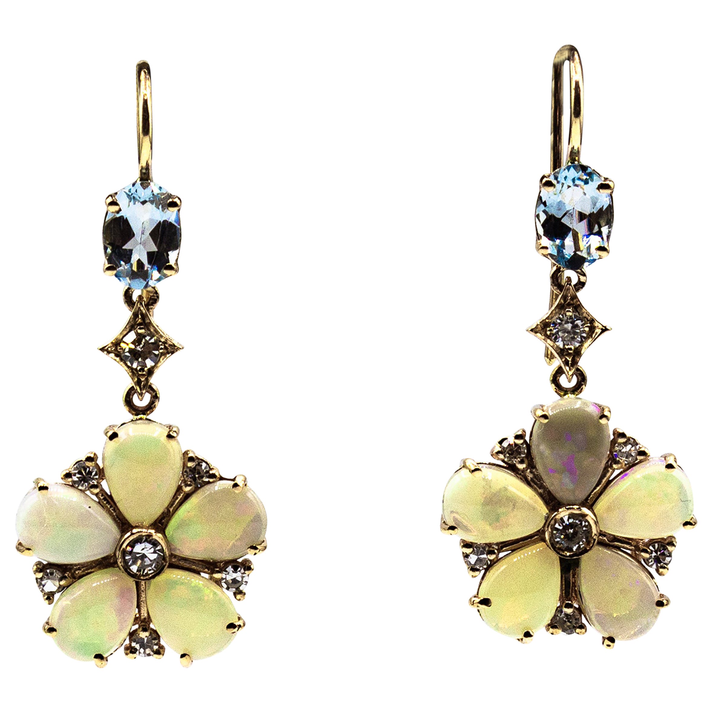 Art Nouveau Style White Diamond Opal Aquamarine Yellow Gold Drop Earrings For Sale