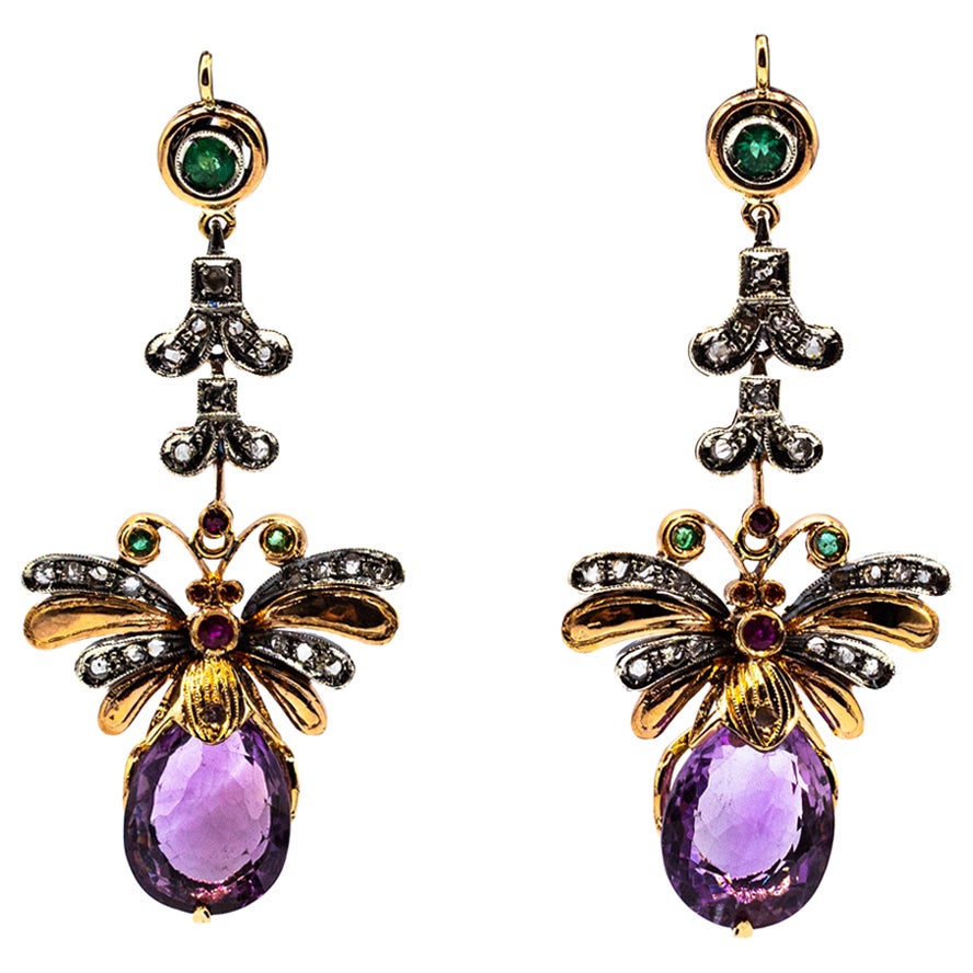 Art Nouveau Style White Diamond Amethyst Emerald Ruby Yellow Gold Drop Earrings For Sale