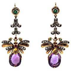 Art Nouveau Style White Diamond Amethyst Emerald Ruby Yellow Gold Drop Earrings