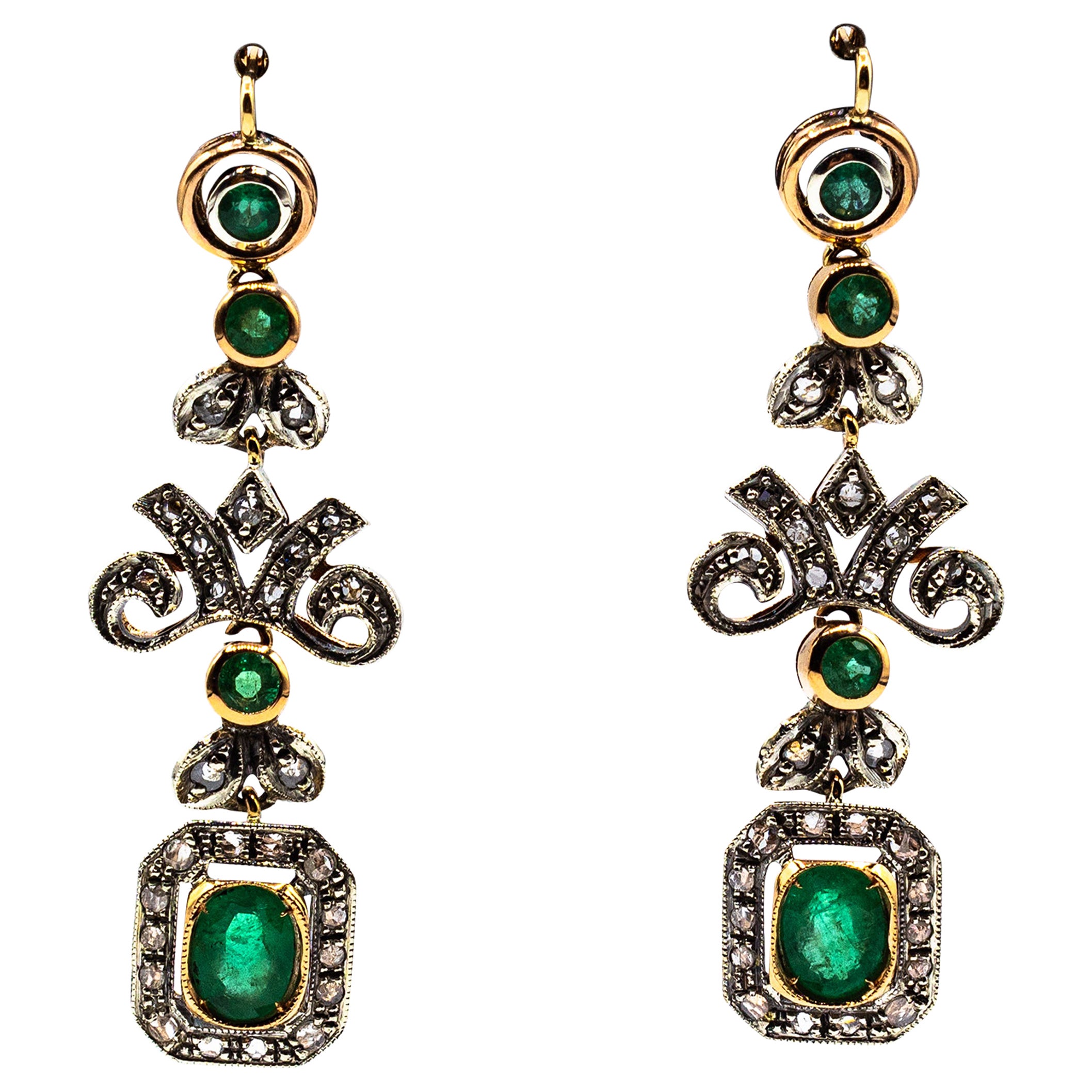 Art Deco Style Handcrafted White Rose Cut Diamond Emerald Yellow Gold Earrings