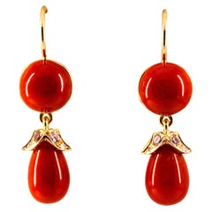 Mediterranean Red Coral 0.20 Carat White Diamond Yellow Gold Lever-Back Earrings