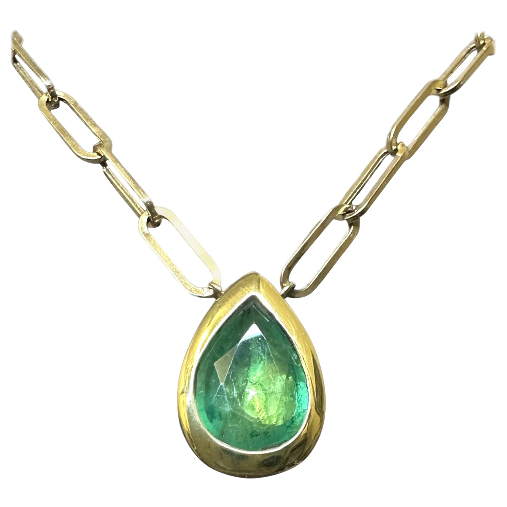 Emerald Drop Pear Shape 2.7 Carats Paper Clip Necklace