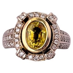 Yellow Sapphire and Pave Diamond 14 Karat White Gold Ring