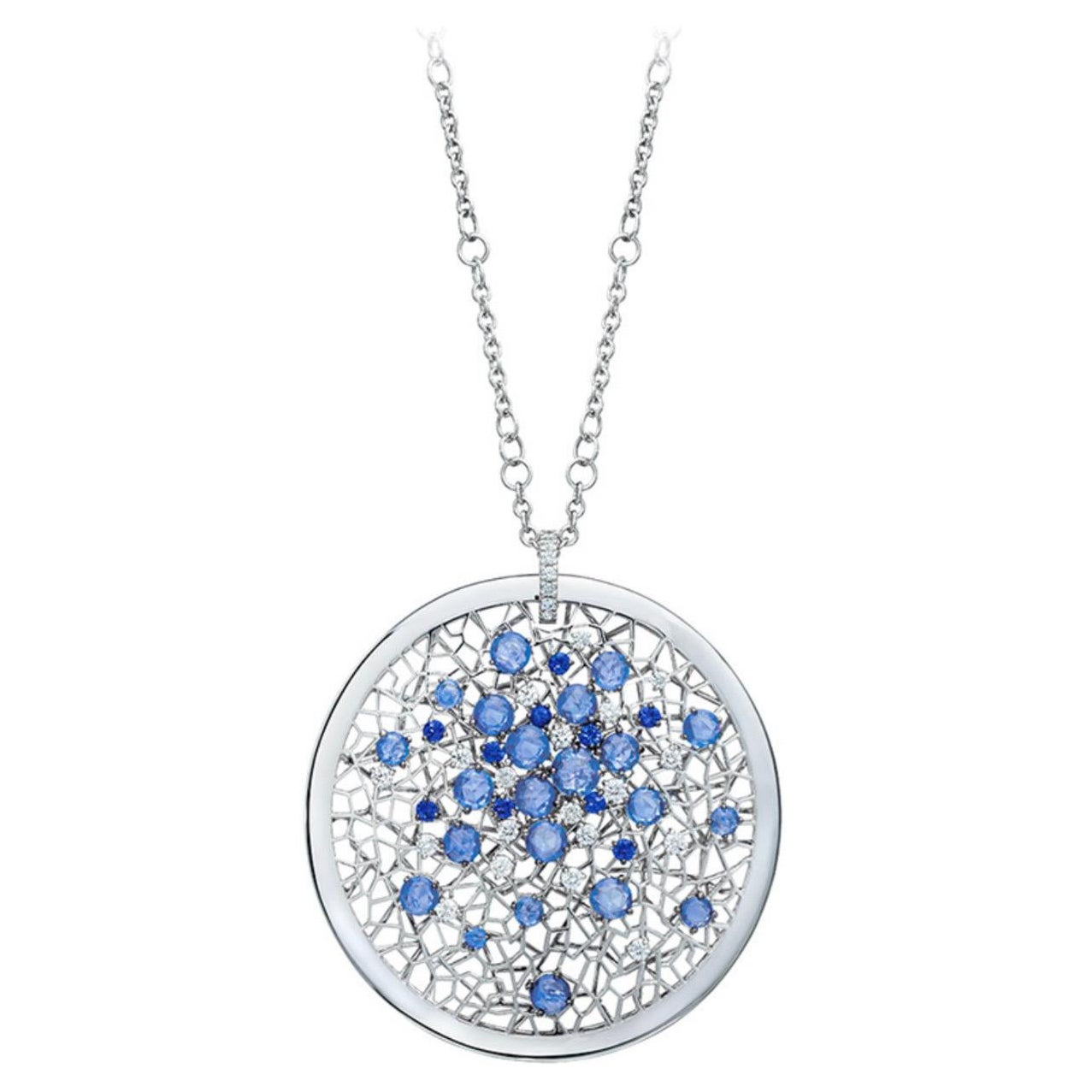 18kt White Gold Open Work Pendant with 9.24ct Sapphires & 1.70 Ct Diamonds For Sale