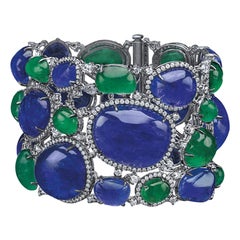 Cabochon 65.92ct Emerald, 204.40 Tanzanite & 9.81 Carat Diamond Bracelet