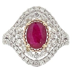 1.40 Carat, Oval-Cut Ruby Diamond Cluster Halo Cocktail Engagement Ring