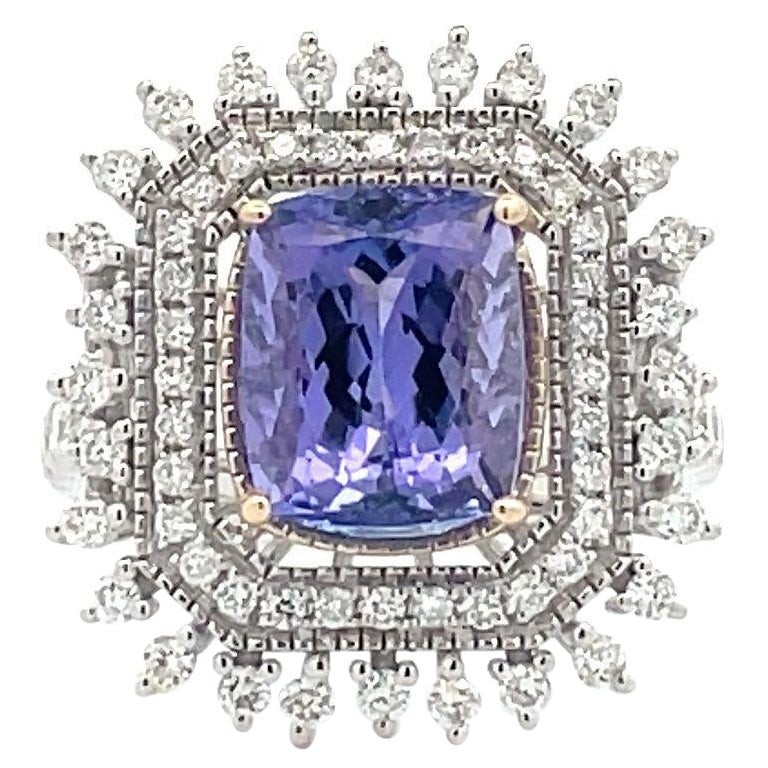 3.92ct. Cushion-Cut Tanzanite Double Halo Cocktail Engagement Ring