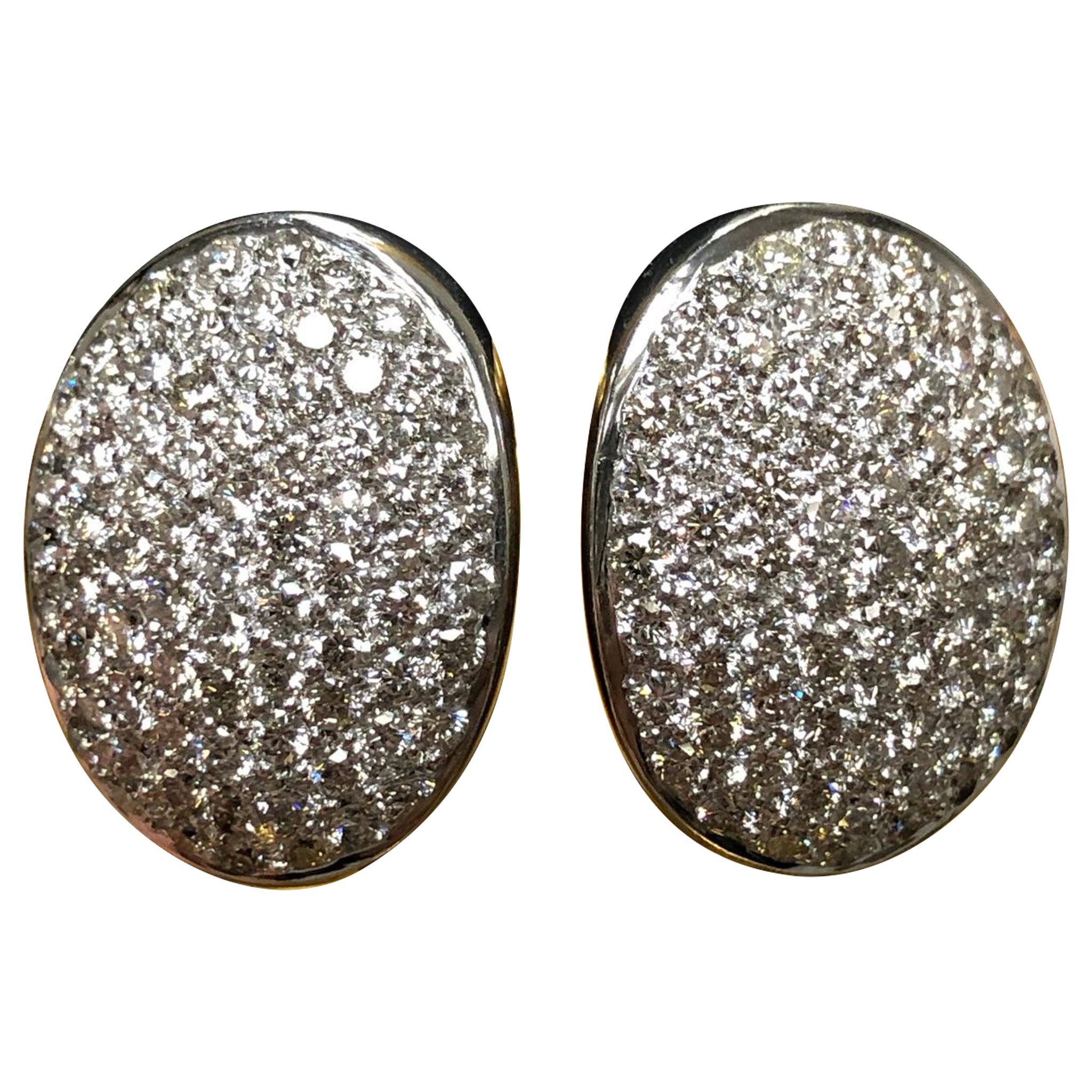 18k White Gold Oval Pave Diamond Omega Back Diamond Huggie Earrings H Vs 5cttw For Sale