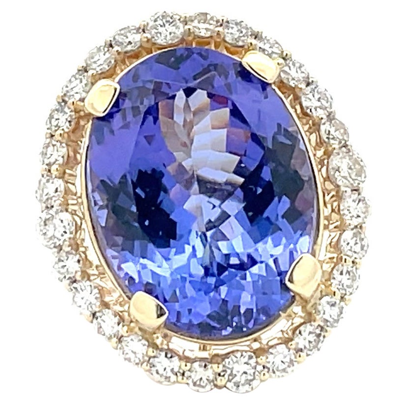 16.46 Carat, Oval-Cut Tanzanite Diamond Halo Cocktail Ring in 14k Solid Gold