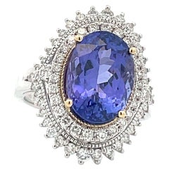 6.80ct Oval-Cut Tanzanite Double Diamond Halo Cluster Cocktail Engagement Ring