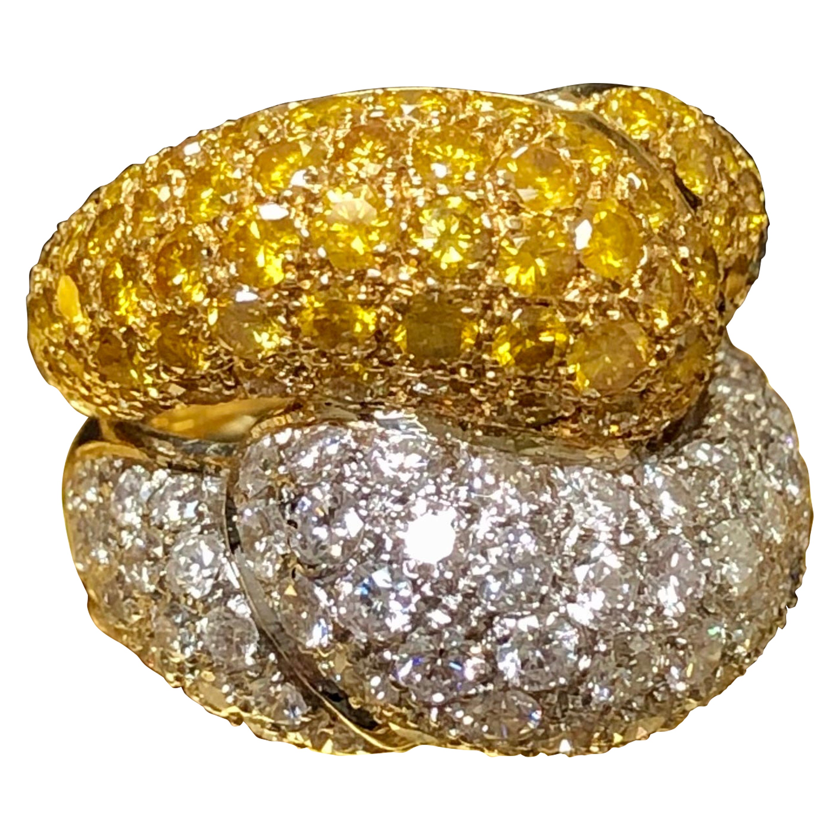 Estate 18k Fancy Yellow White Pave Diamond Bypass Ring 6.30cttw 6.75 For Sale