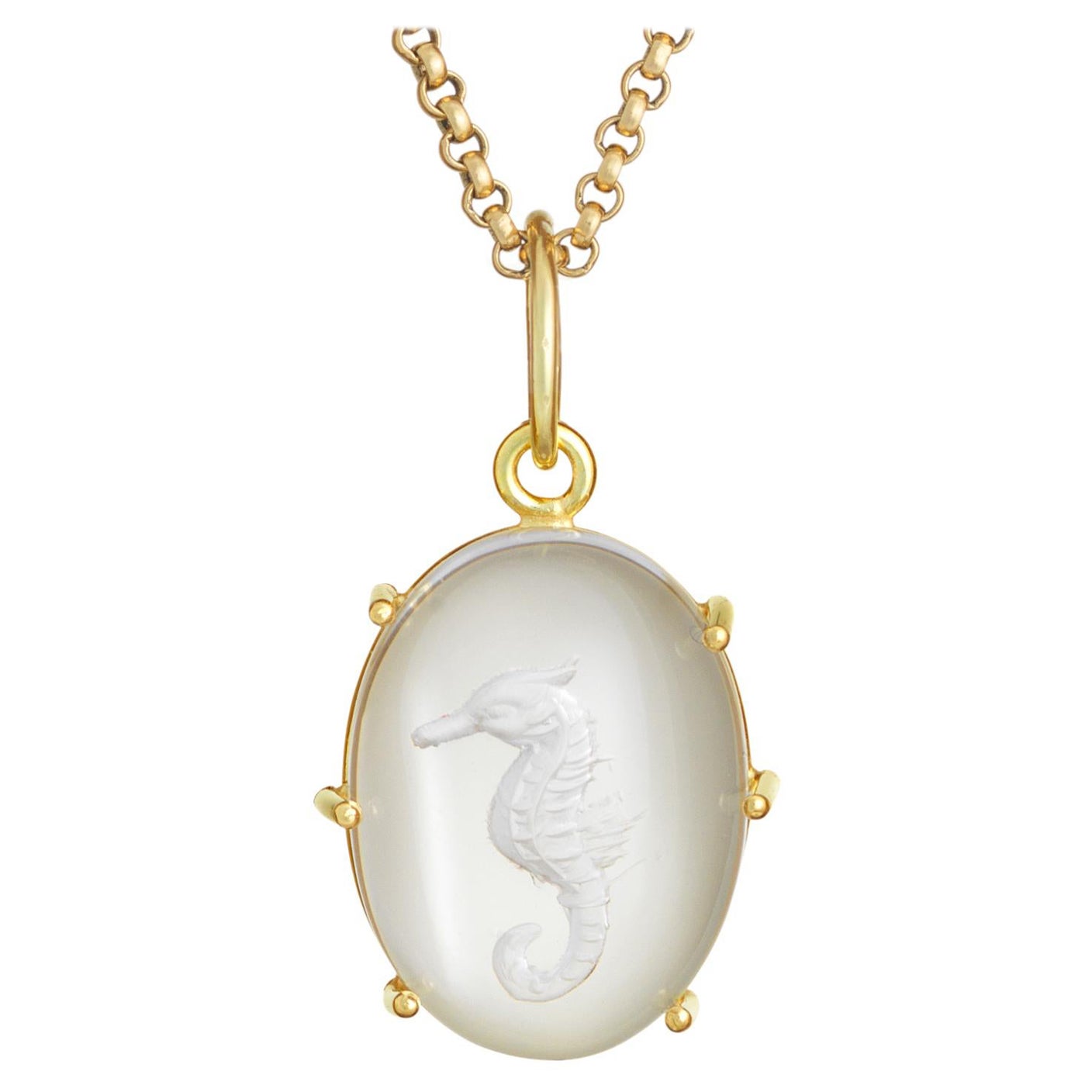 18k Gold Hand Carved Seahorse Rock Crystal Pendant