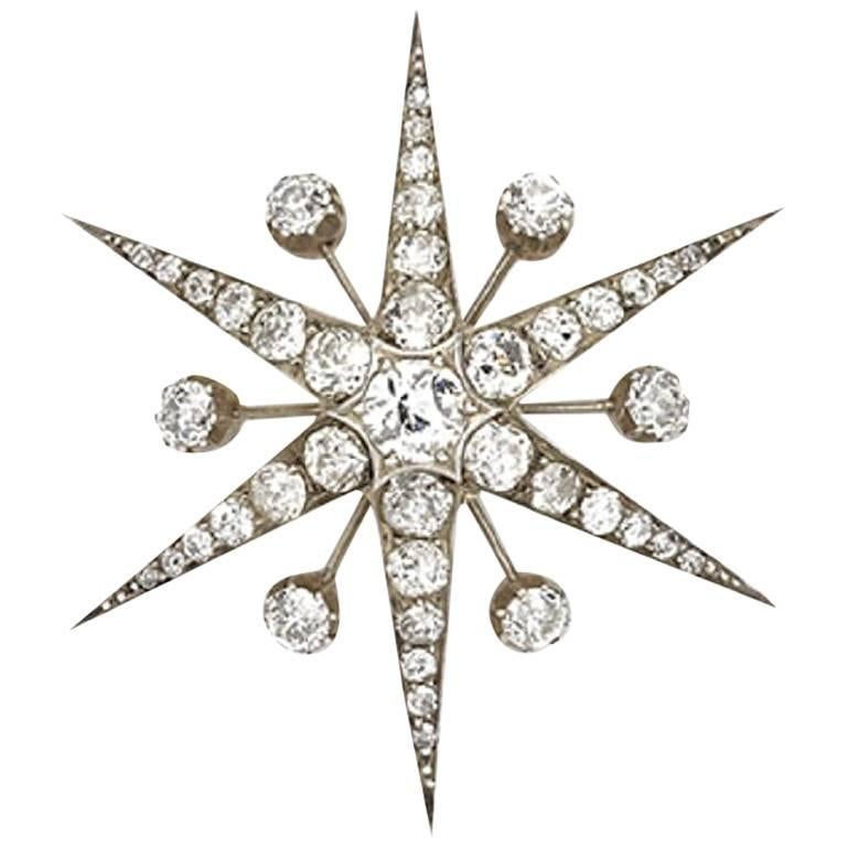 Victorian Old Cut Diamond Silver Gold Star Brooch For Sale