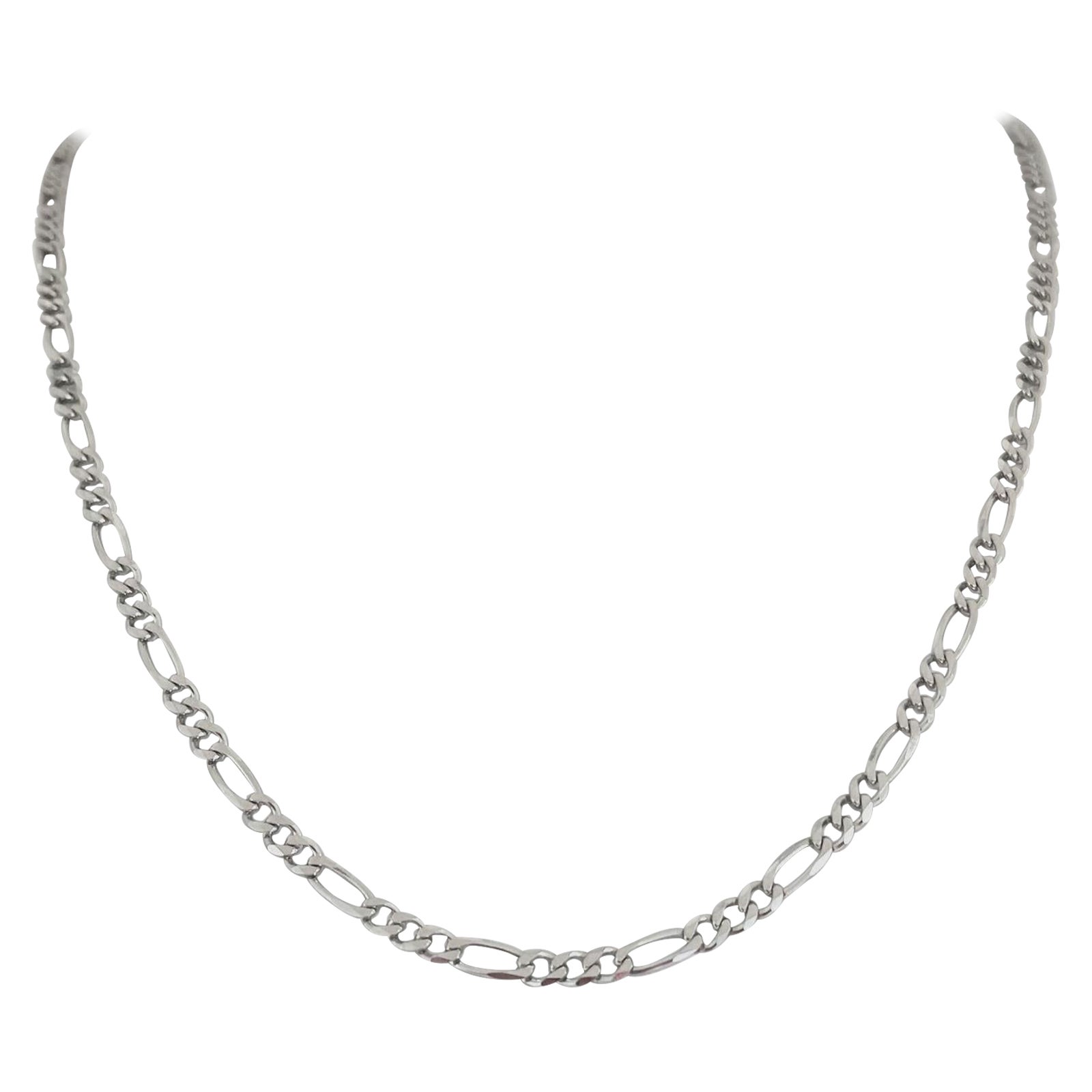14 Karat White Gold Solid Figaro Link Chain Necklace, Italy  For Sale