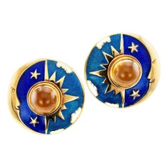 Vintage Cellini Sun Moon Star Enamel Citrine Yellow Gold Earrings